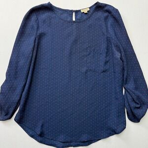 Lily White Blouse Long Sleeve Pocket Polka Dot Top‎ Keyhole Back Medium